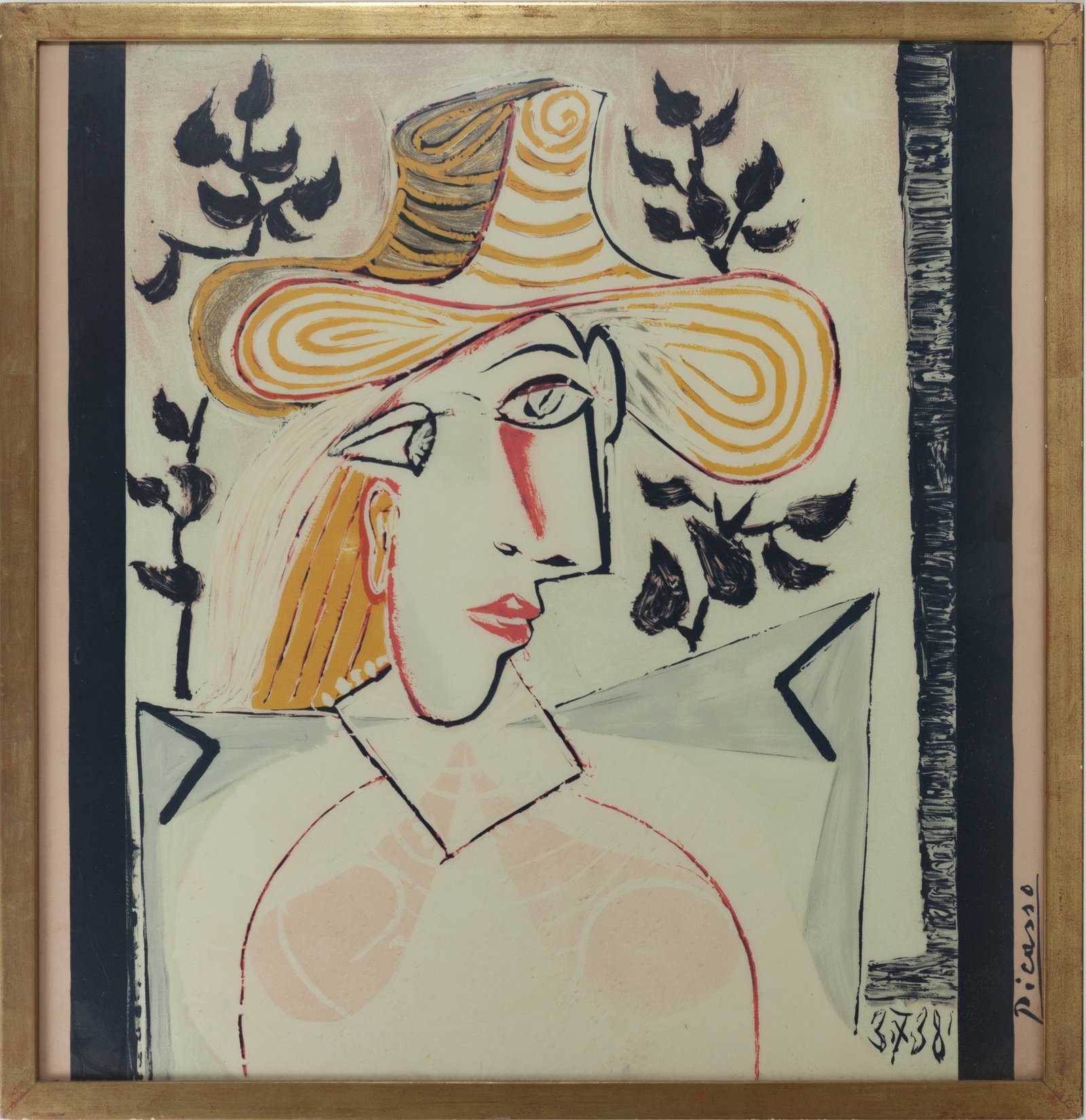 Pablo Picasso - Femme a la Collorette Print on Scarf: Pablo Picasso - Femme a la Collorette Print on Scarf. Size with frame: 35.5" x 37".
