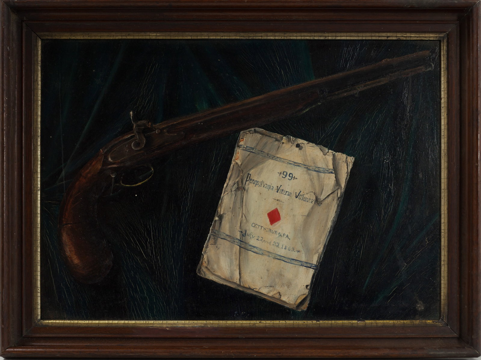 US Civil War 1862 Gettysburg Oil Painting of Black Powder Pistol on Board: US Civil War 1862 Gettysburg Oil Painting of Black Powder Pistol on Board. 23" x 17" in frame.