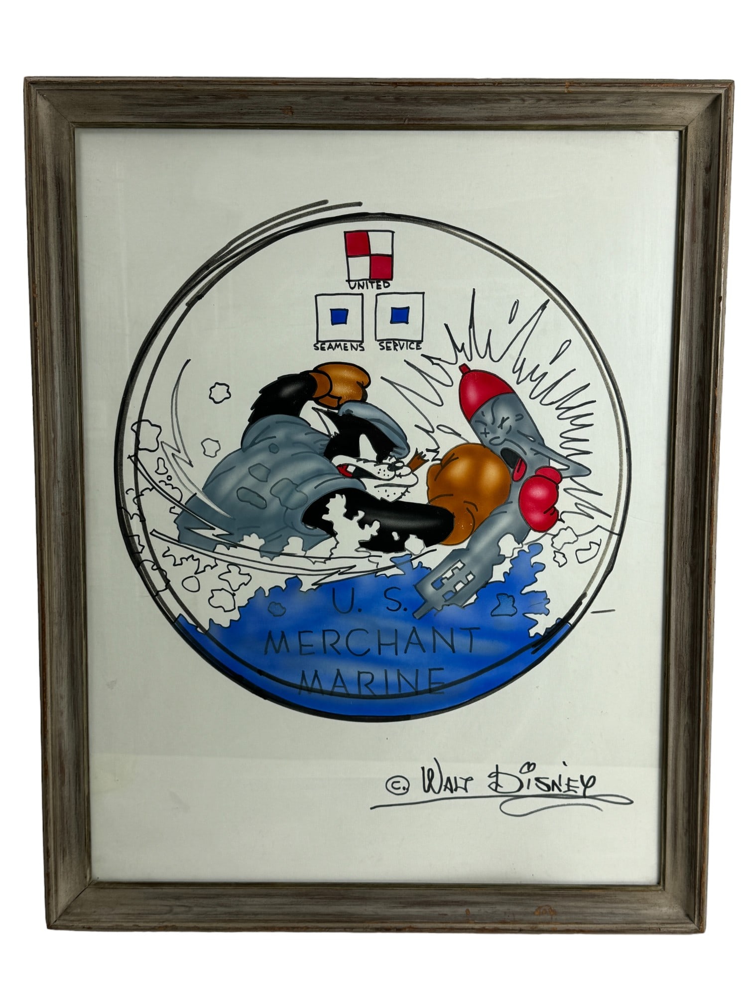 Walt Disney Storyboard Setup Drawing Merchant Marine Logo Design Animation: Walt Disney Storyboard Setup Drawing Merchant Marine Logo Design. Size with frame 29.5" x 37". Hand Drawn