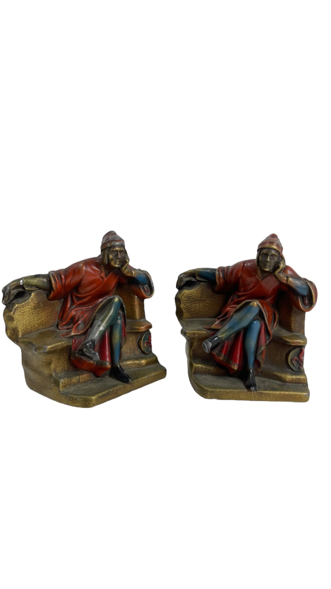 Art Deco Antique Cold Painted Bookend Pair Seated Dante: Art Deco Antique Cold Painted Bookend Pair Seated Dante Contenplating the horrors of hell