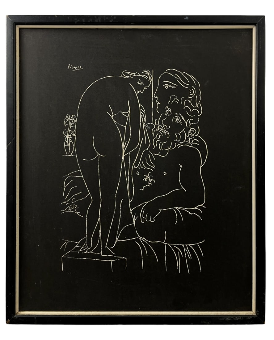 Picasso 1969 Vollard Suite 'Reclining Sculptor Nude' 1933 Possibly Linoleum Cut: Picasso 1969 Vollard Suite 'Reclining Sculptor Nude' 1933 Possibly Linoleum Cut. Size: 21" x 25" in frame. Provenance: Private Collector.