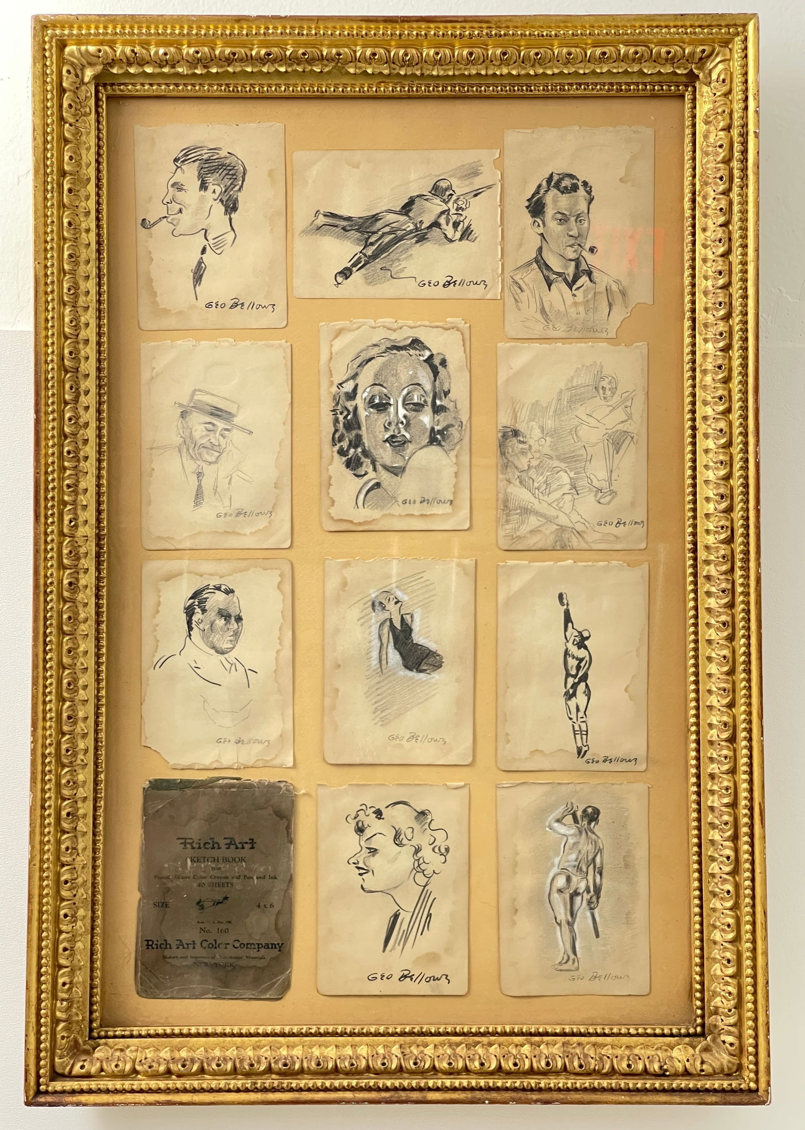 George Bellows Signed Pencil and Chalk Drawn Sketches in Frame: George Bellows Signed Pencil and Chalk Drawn Sketches in Frame. Total of 11 sketches. Size: 19" x 28".