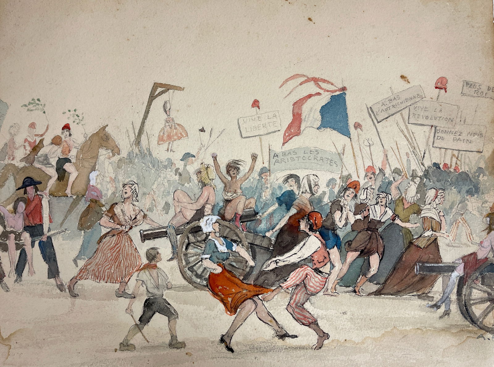 Antique French Revolution Watercolor Painting Signed with Initials Lower Right A.H. (1 of 7)