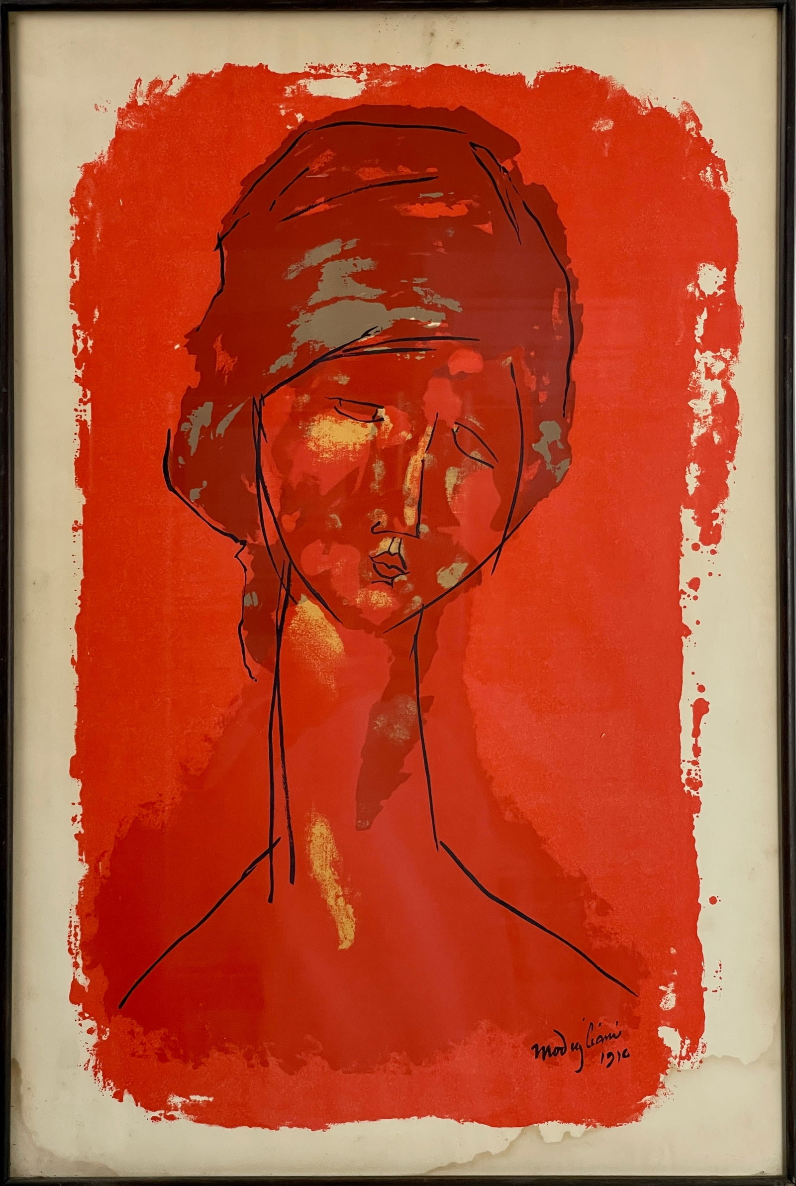 Amedeo Modigliani 1916 Portrait Tete De Femme Canvas Screenprint Framed: Amedeo Modigliani 1916 Portrait Tete De Femme Canvas Screenprint Framed. Size: 21" x 31" framed.