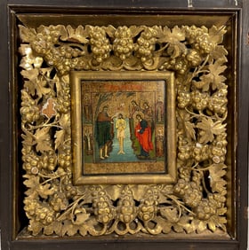 Antique Russian Religious Icon Painting with monumental gold leaf frame