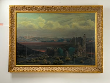 E. LAWRENCE Oil On Canvas on Board Landscape Ruins Painting Signed Lower Left