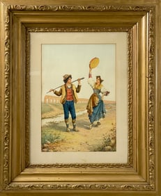 Carlo Ferranti Italian Watercolor Shepherd Boy Courting Young Girl Signed