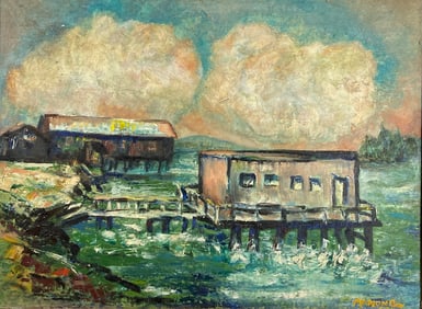 Abstract Seascape Oil on Board Painting Signed Marion Cox