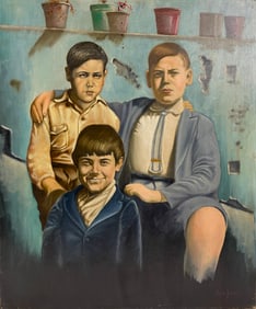 Portait of Three Young Boys Oil on Board Signed Unknown Artist