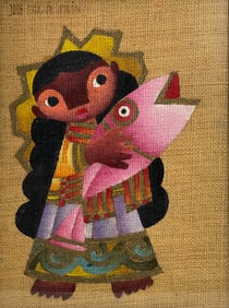 JOSE DE SERVIN Mexican American 1917 - 1983 Oil on Burlap Painting 20 x 27