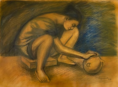 Raul Anguiano Mexican Charcoal on Paper Signed Dated Lower Right Stamped on Back