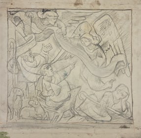 DIEGO RIVERA Pencil Drawing of Mural Signed Lower Left Attributed