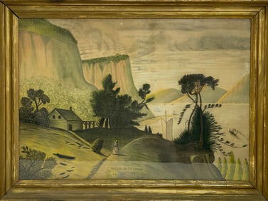 Antique Titled Signed EG Watercolor Drawing on Paper Palisades on The Hudson