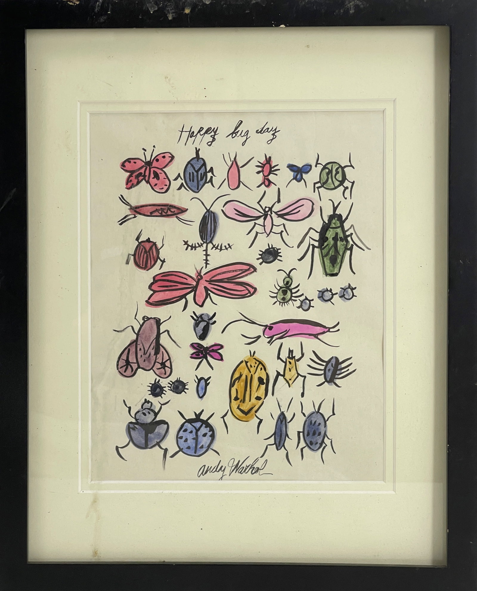 Andy Warhol Ink & Watercolor Signed Happy Bug Day Painting Attributed (1 of 4)