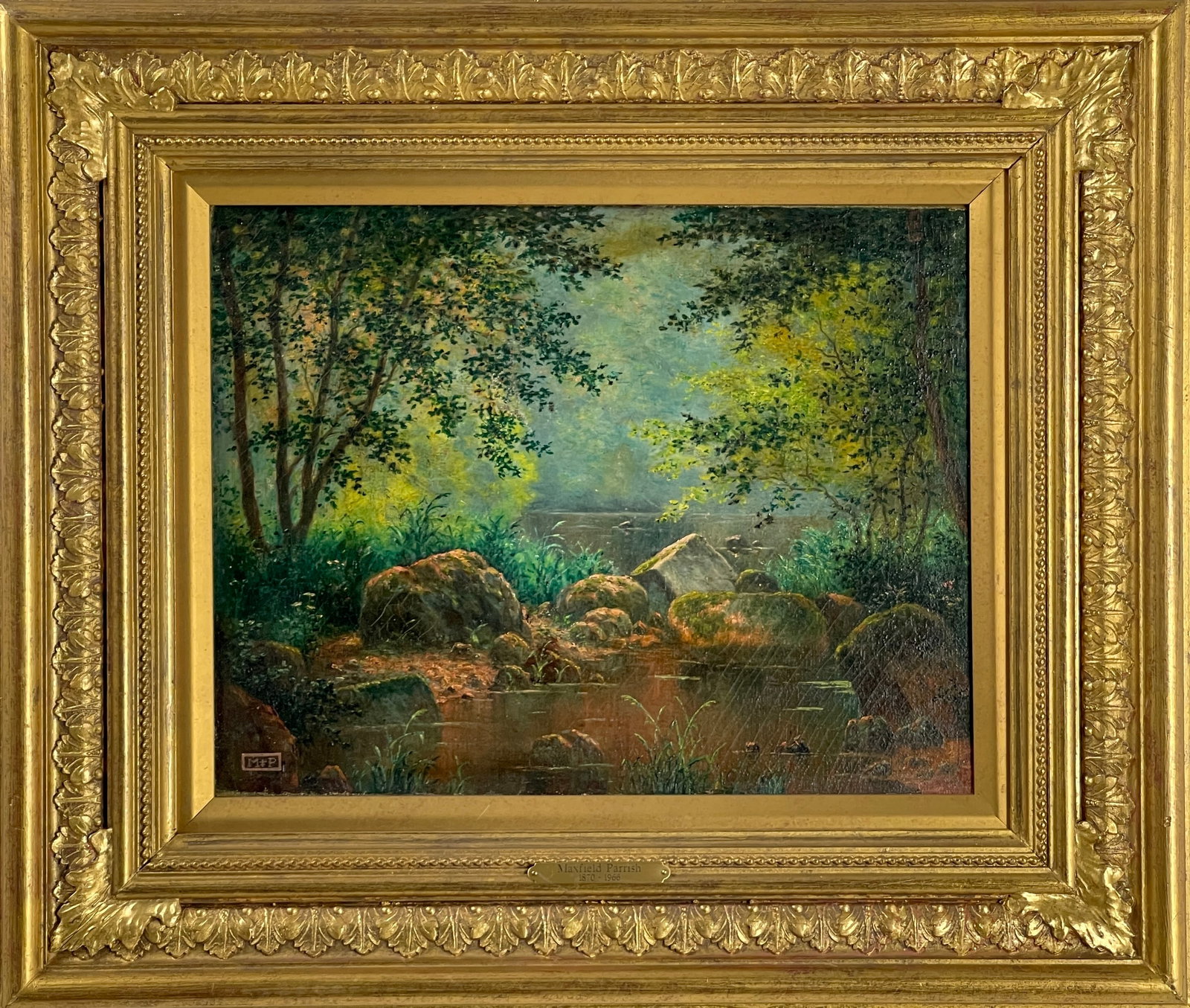 Maxfield Parrish Attributed (1870-1966) - Oil on Canvas Painting Signed Bottom Left: Maxfield Parrish Attributed (1870-1966) - Oil on Canvas Painting Signed Bottom Left. Size: 21" x 18" framed. Provenance: Private Collector. This item is listed as attributed to the artist based on the