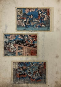 Japanese Woodblock Prints (3) Mounted to Paper with Japanese Inscription on Reverse
