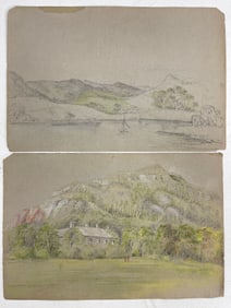 Landscape Pencil and Graphite Paintings Drawings on Gray Paper c. 1800s