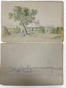 Landscape Pencil and Graphite Paintings Drawings on Gray Paper c. 1800s