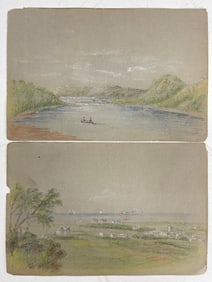 Landscape Pencil and Graphite Paintings Drawings on Gray Paper c. 1800s