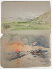 Landscape Pencil and Graphite Paintings Drawings on Gray Paper c. 1800s