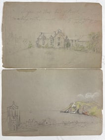 Landscape Pencil and Graphite Paintings Drawings on Gray Paper c. 1800s