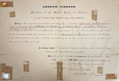 Andrew Johnson Signed Presidential Document Appointing Collector of Customs for the District of York