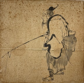 Antique Japanese Edo Period Ink & Watercolor Drawing on Rice Paper