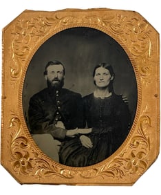 Antique Civil War Tintype Confederate Soldier and Wife Photograph Inscribed on Back with Stamp