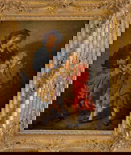Johann Joseph Zoffany (1733-1810) Oil on Canvas Painting Signed on The Letter Being Given to Man: Johann Joseph Zoffany (1733-1810) Oil on Canvas Painting Signed on The Letter Being Given to Man. Provenance: Private Collector. Size: 22" x 27" framed.