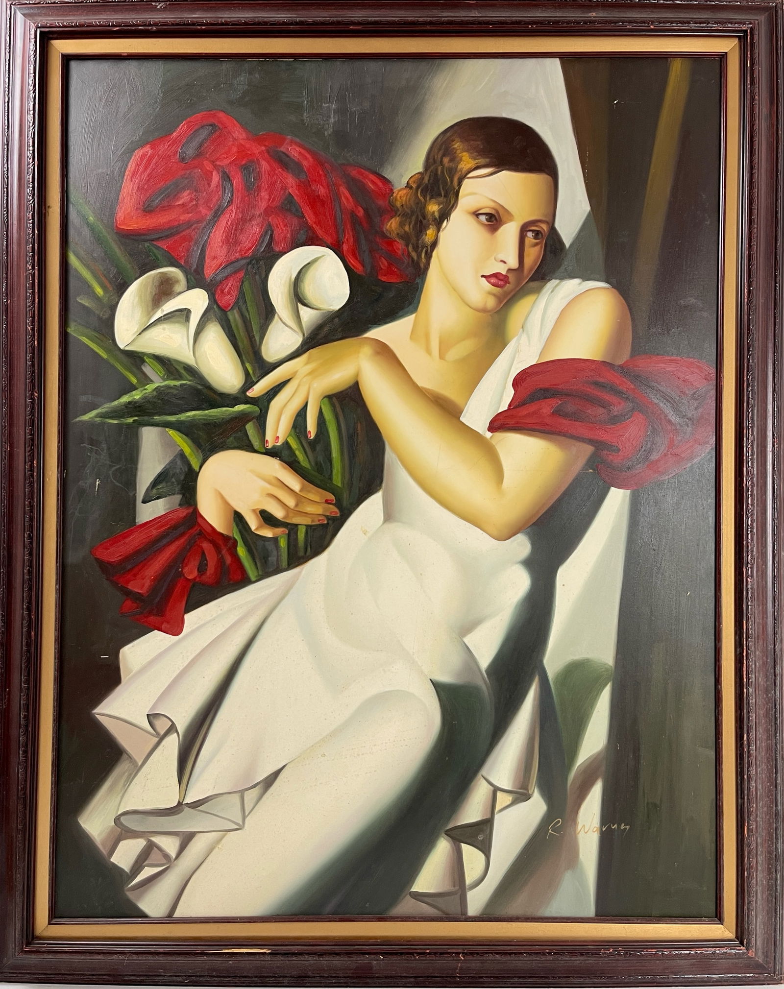 In The Style of Tamara de Lempicka - Signed Oil on Canvas Painting: In The Style of Tamara de Lempicka - Signed Oil on Canvas Painting. Signed Bottom Right. Size: 43.5" x 56" framed. Provenance: Private Collector.