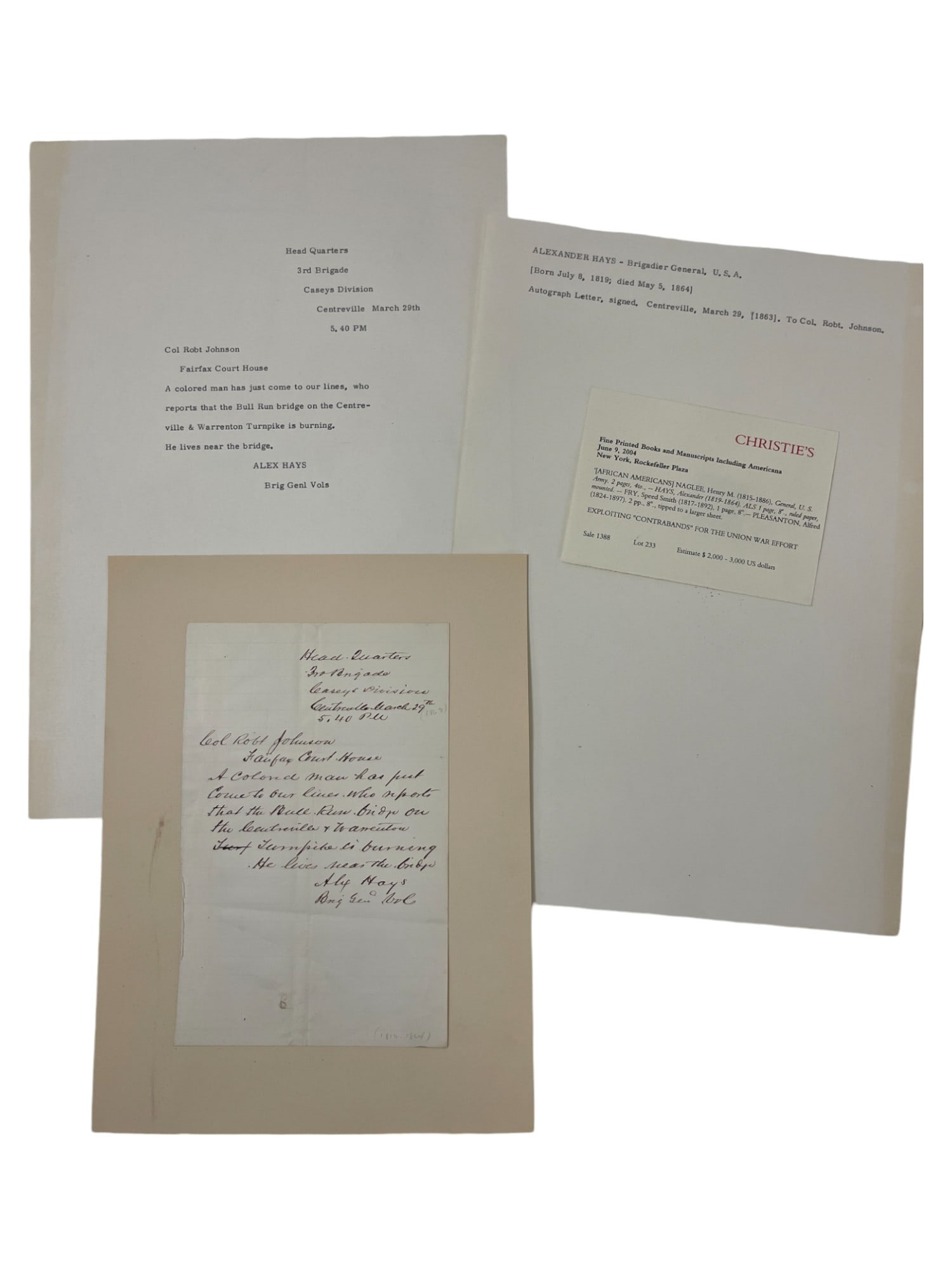 Alexander Hays - Brigadier General Autograph Letter Signed, March 29, 1863 to Col. Robt. Johnson (1 of 6)