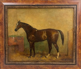 Antique Folk Art Horse Painting Oil on Canvas Signed Lower Right