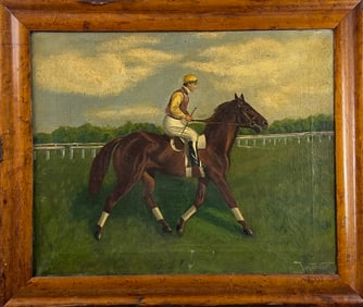 Antique Folk Art Horse Painting Oil on Canvas Signed Lower Right