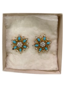 Vintage Jomaz Gold Diamante and Faux Turquoise Earrings Circa 1960s