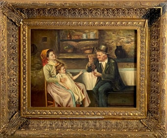 Antique Oil on Board Painting Signed Initial J.V. Lower Right