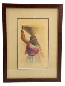 Miguel Covarrubias (Mexican, 1904-1957) Pencil Drawing Portrait of Woman with Basket Signed