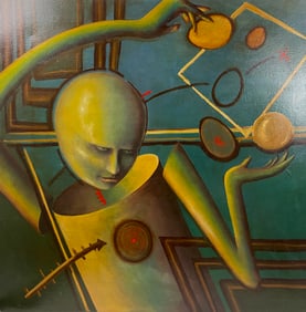 Oil on Canvas Surrealist Painting "Computer Head" - Unknown Artist