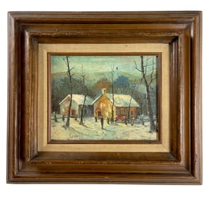 Sanvery - Oil on Wood Panel "Winter in New England" Painting Signed Bottom Left