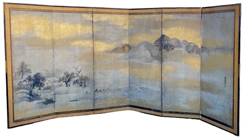 Japanese Six Panel Screen: Mountains in the Mist with Tree-Lined Foothills