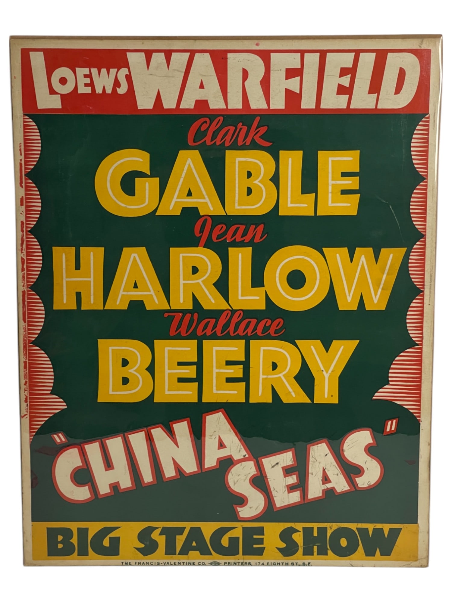 Loews Warfield Clark Gable Jean Harlow Wallace Beery China Seas Vintage Poster (1 of 5)