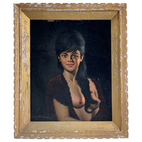 Vintage 1965 Black Velvet Painting Risque Pin-up Nude Signed Dated Bottom Left