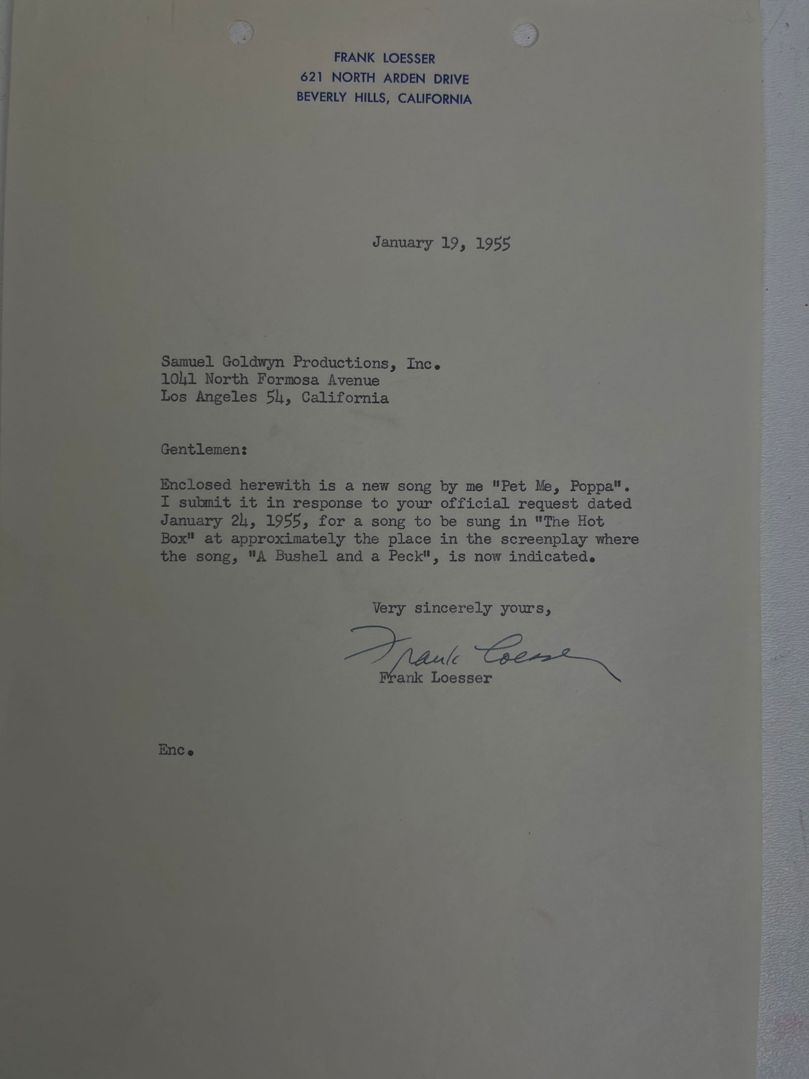 Frank Henry Loesser Typed Letter Signed Song Pet Me Poppa Guys and Dolls (Film) (1 of 4)