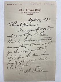 The Friars Club BILLY ROSE LETTER SIGNED