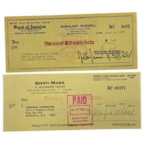 Zeppo Marx  And Rosalind Russell Bank Check hand signed by  Yellow lot 2