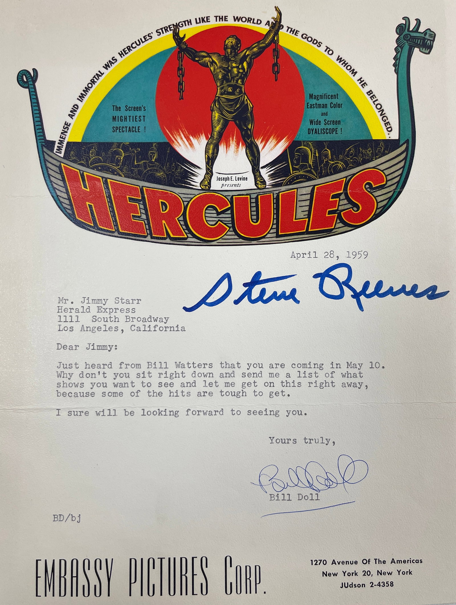 Bill Doll Letter to Jimmy Starr Signed Hercules: Bill Doll Letter to Jimmy Starr Signed Hercules