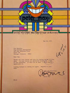 Peter Max Typed Letter Signed 1971 To Sig Sakowicz: Peter Max Typed Letter Signed 1971 To Sig Sakowicz Peter Max (born Peter Max Finkelstein, October 19, 1937) is an American artist known for using bright colors in his work. Works by Max are associated