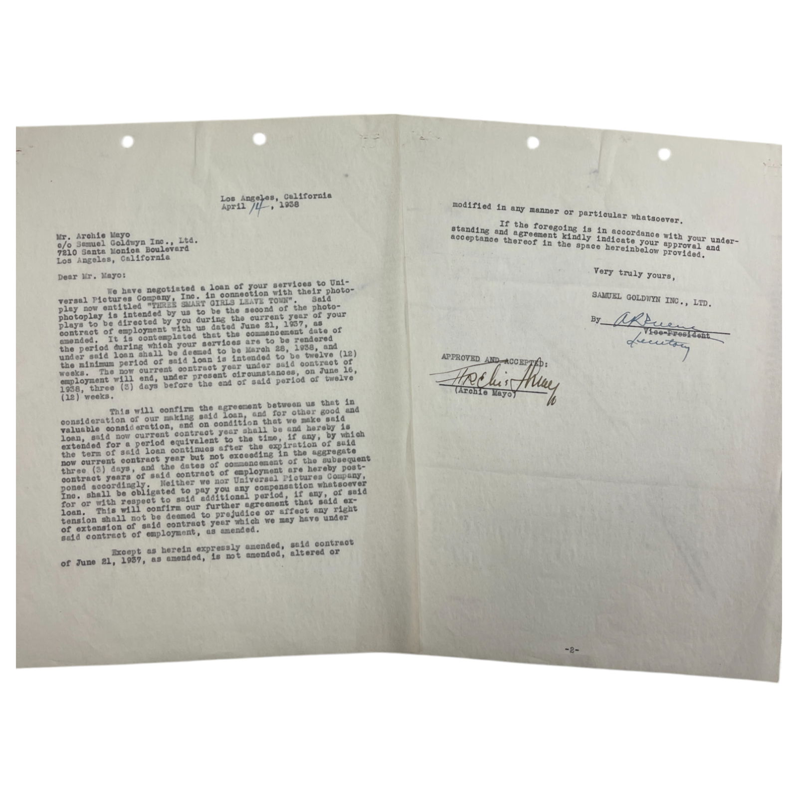 Samuel Goldwyn Typed Letter to Archie Mayo Signed 1938 (1 of 3)