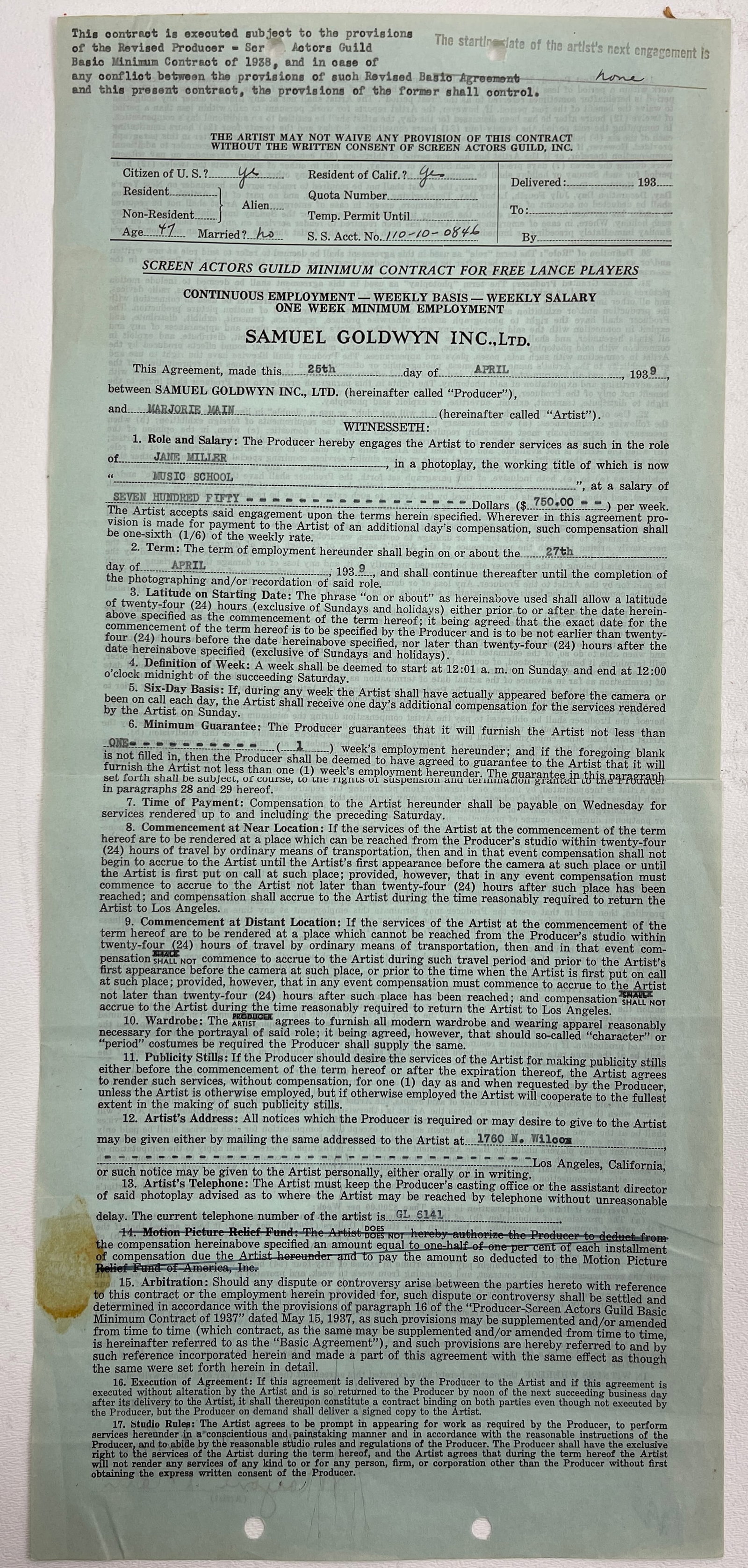 Samuel Goldwyn Agreement with Marjorie Miller Typed 1939 Signed (1 of 5)