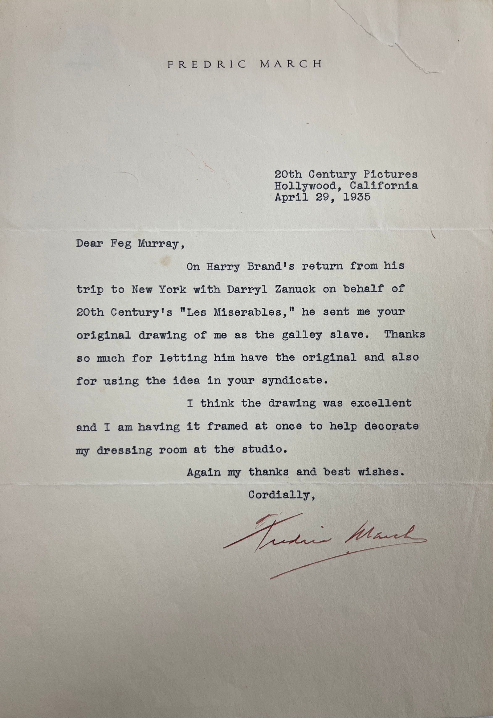 Fredric March American actor Typed Letter Signed (1 of 3)