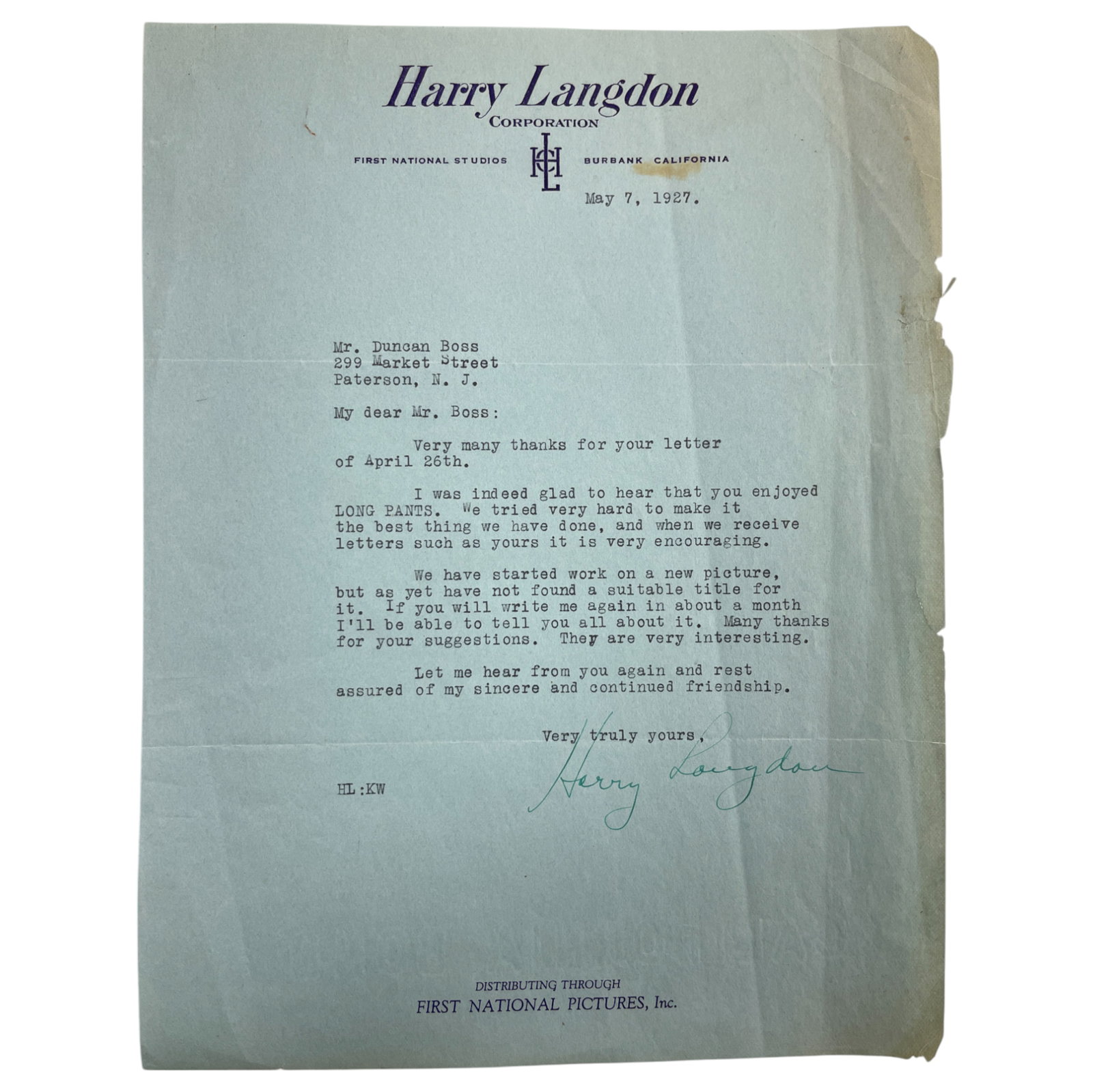 HARRY LANGDON AUTOGRAPH LETTER SIGNED (1 of 4)
